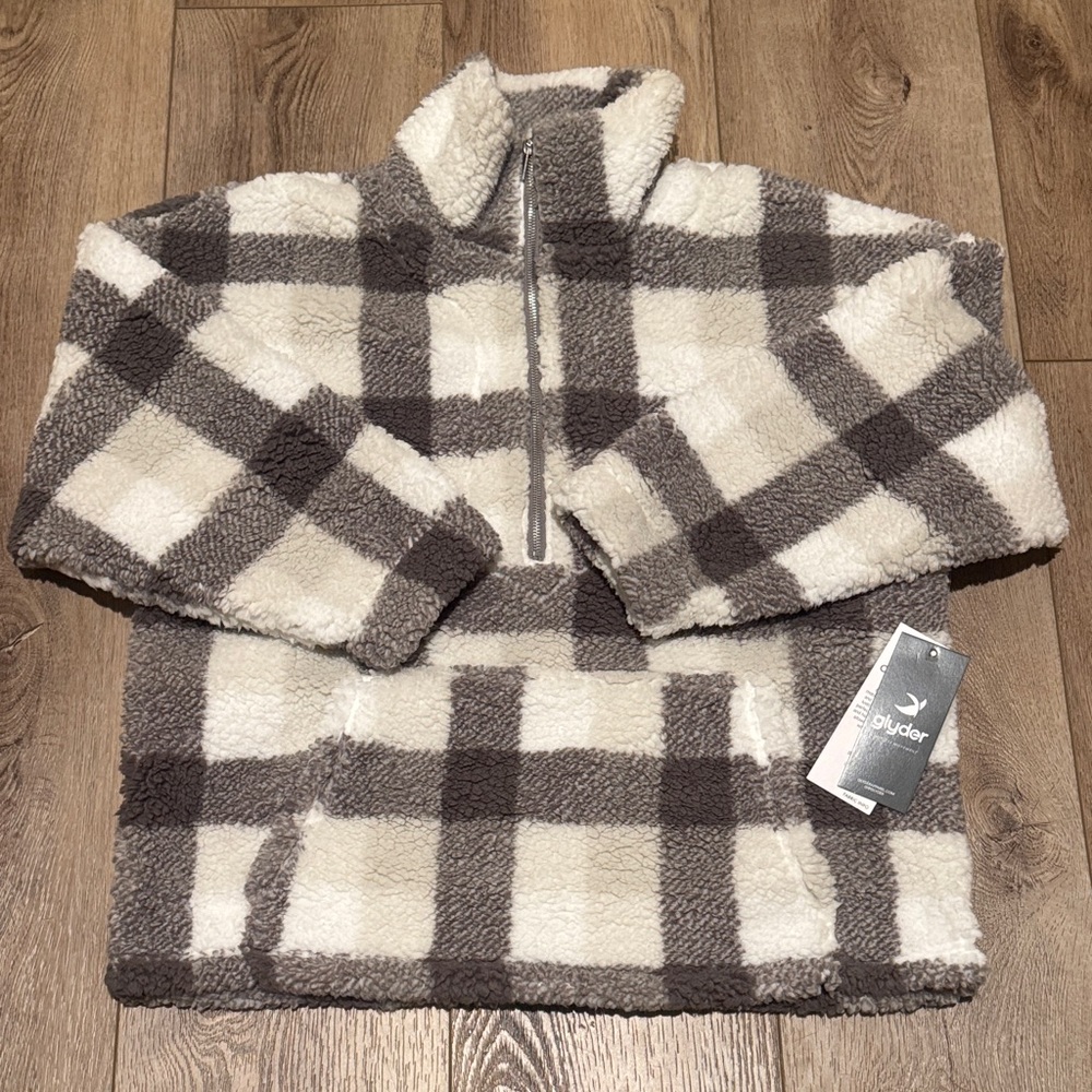 Glyder NEW NWT Women’s Large 1/2 Zip Up Plaid Sweater - Brown and Cream
